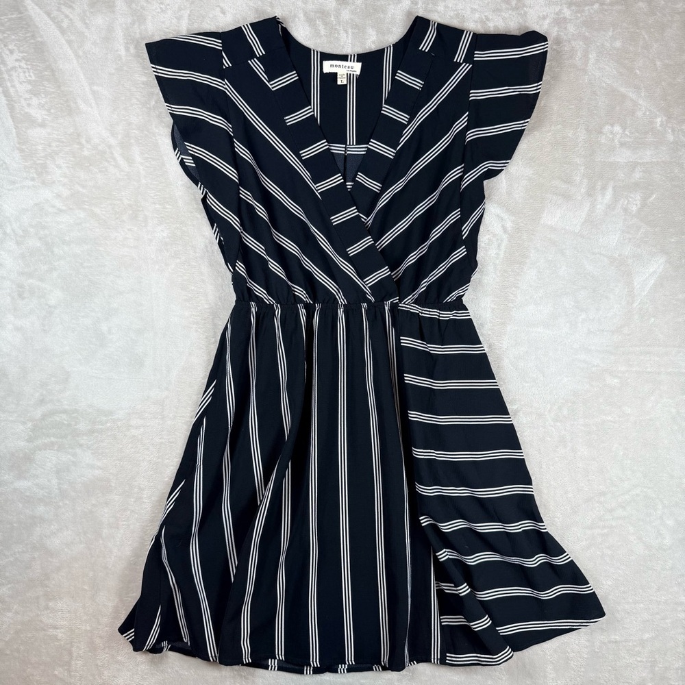 Monteau Black & White Striped Wrap Dress Flutter Sleeve Fit & Flare Size L